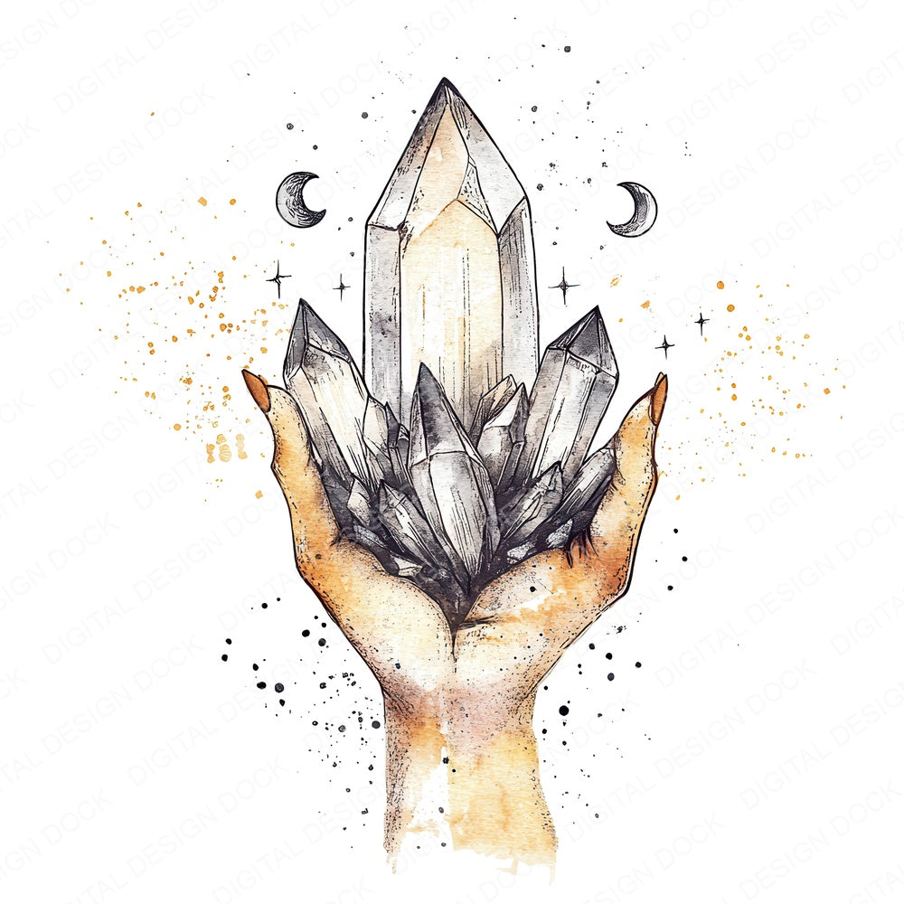 Hand Holding Crystals fussy cut sheet in A4 format showing all 12 designs on one printable page