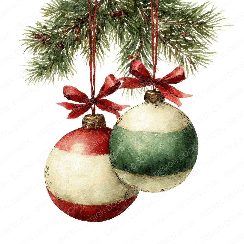 Hanging Christmas Baubles fussy cut sheet in US Letter format showing all 12 designs on one printable page