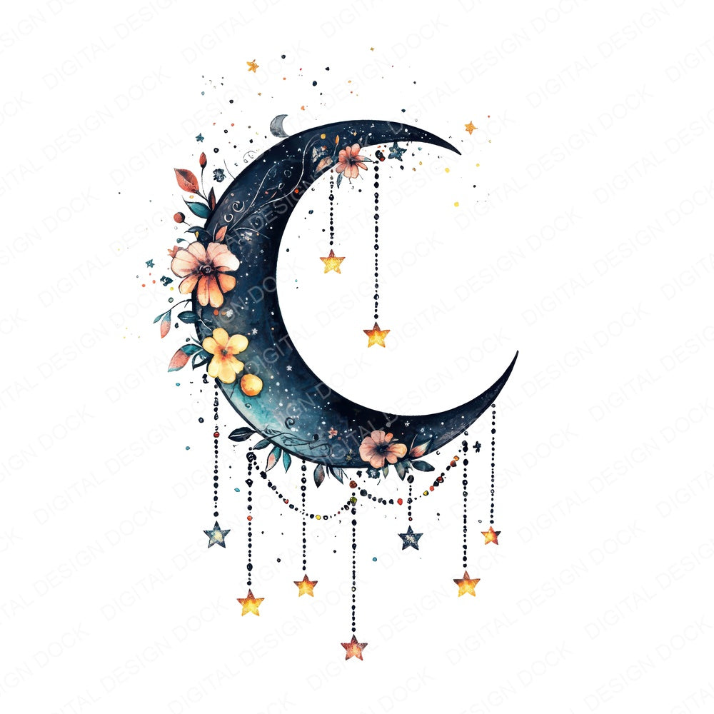 Hanging Crescent Moon with Stars fussy cut sheet in US Letter format showing all 12 designs on one printable page