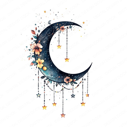 Hanging Crescent Moon with Stars fussy cut sheet in US Letter format showing all 12 designs on one printable page