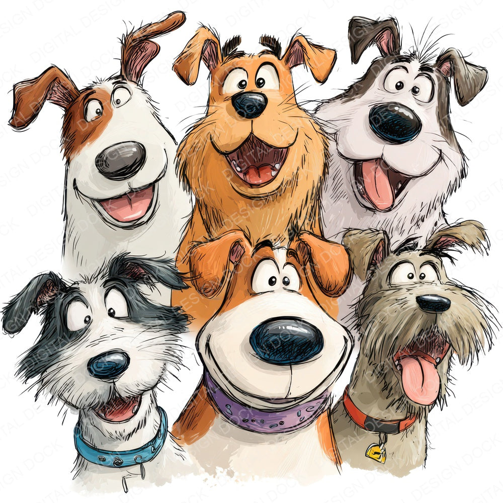 Happy Cartoon Dogs Illustration fussy cut sheet in A4 format showing all 12 designs on one printable page