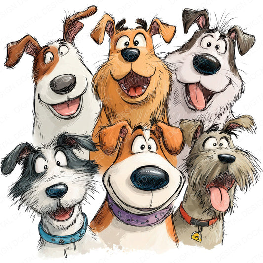 Happy Cartoon Dogs Illustration fussy cut sheet in A4 format showing all 12 designs on one printable page