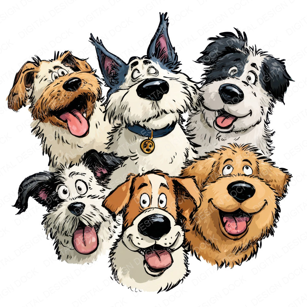 Happy Cartoon Dogs Illustration fussy cut sheet in US Letter format showing all 12 designs on one printable page