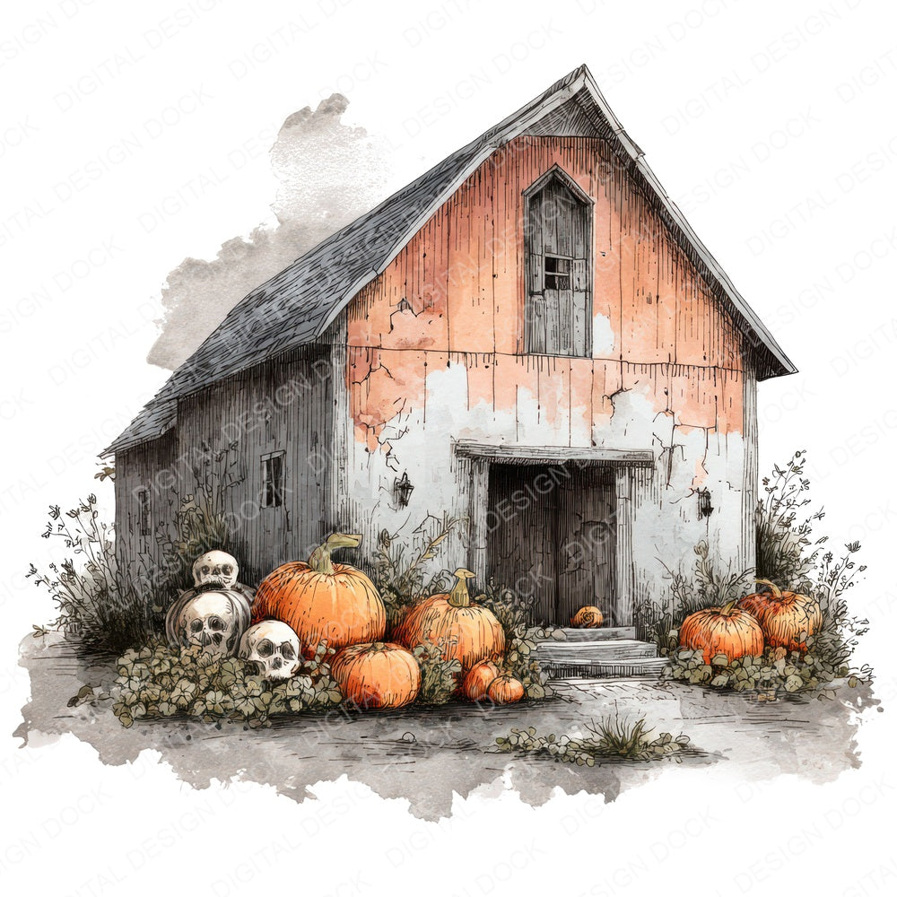 Haunted Pumpkin Barn fussy cut sheet in A4 format showing all 12 designs on one printable page