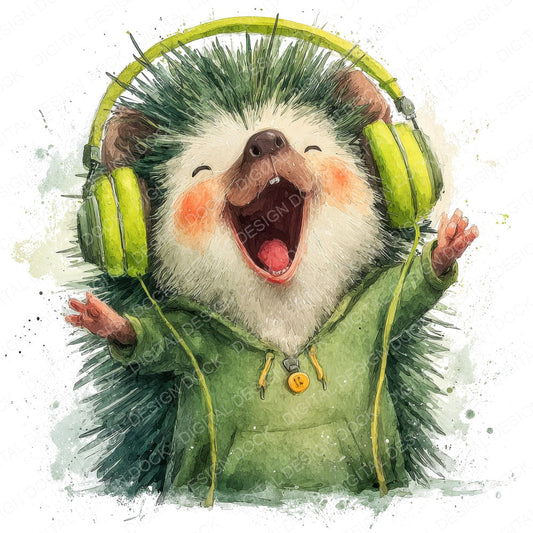 Headphone Hedgehog fussy cut sheet in A4 format showing all 12 designs on one printable page