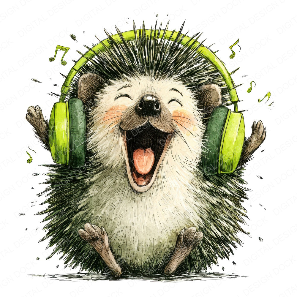 Headphone Hedgehog fussy cut sheet in US Letter format showing all 12 designs on one printable page