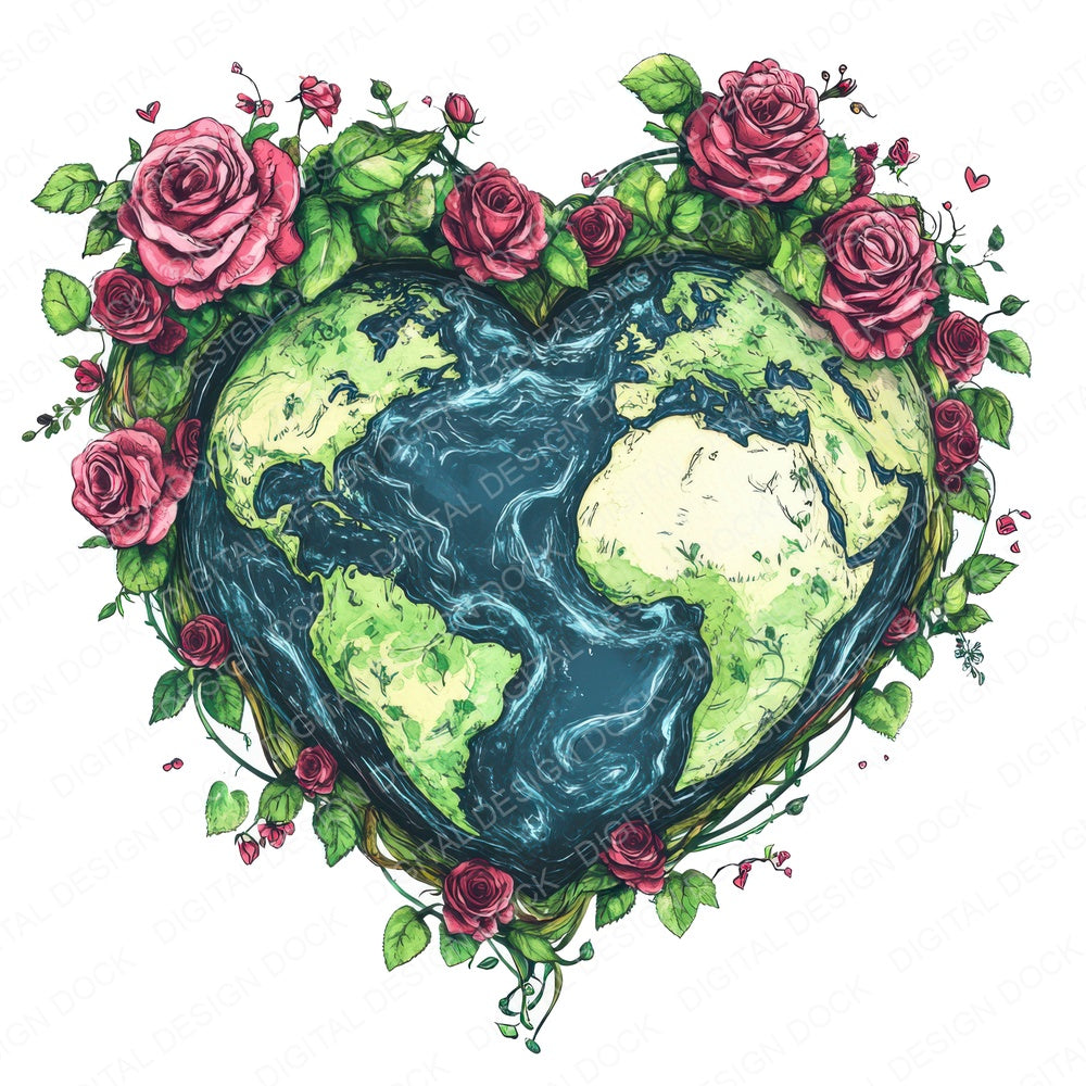 Heart Shaped Earth with Roses fussy cut sheet in US Letter format showing all 12 designs on one printable page