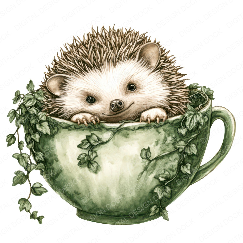 Hedgehog in Ivy Teacup fussy cut sheet in A4 format showing all 12 designs on one printable page