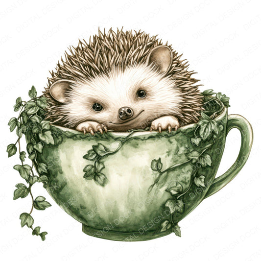 Hedgehog in Ivy Teacup fussy cut sheet in A4 format showing all 12 designs on one printable page