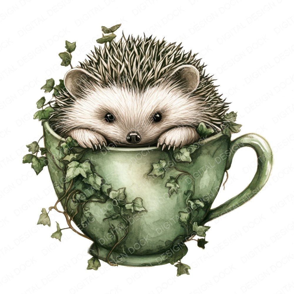 Hedgehog in Ivy Teacup Clipart Set (DDD005829)