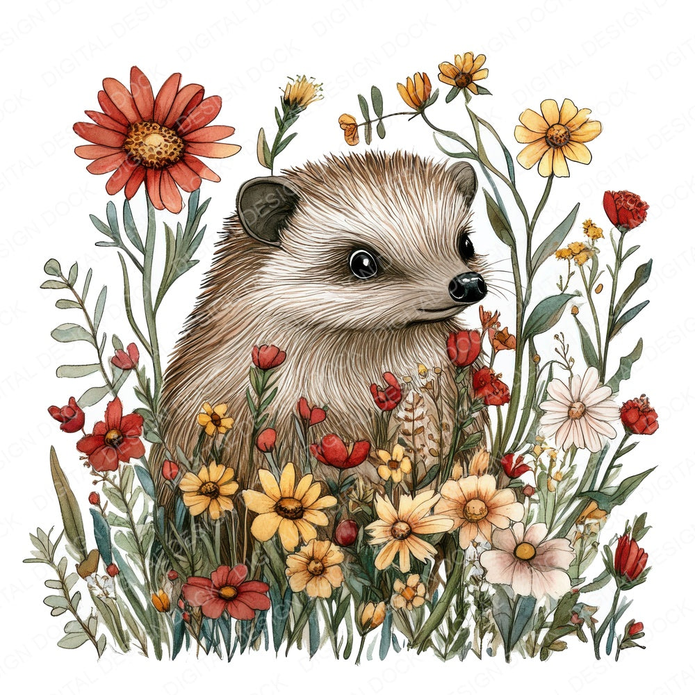 Hedgehog in Wildflowers fussy cut sheet in A4 format showing all 12 designs on one printable page