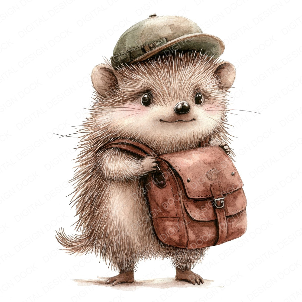 Hedgehog with Satchel fussy cut sheet in A4 format showing all 12 designs on one printable page