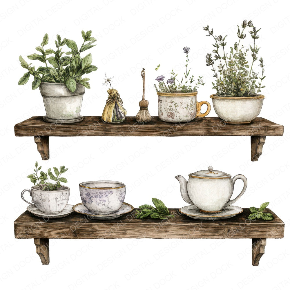 Herb and Teacup Shelf fussy cut sheet in A4 format showing all 12 designs on one printable page