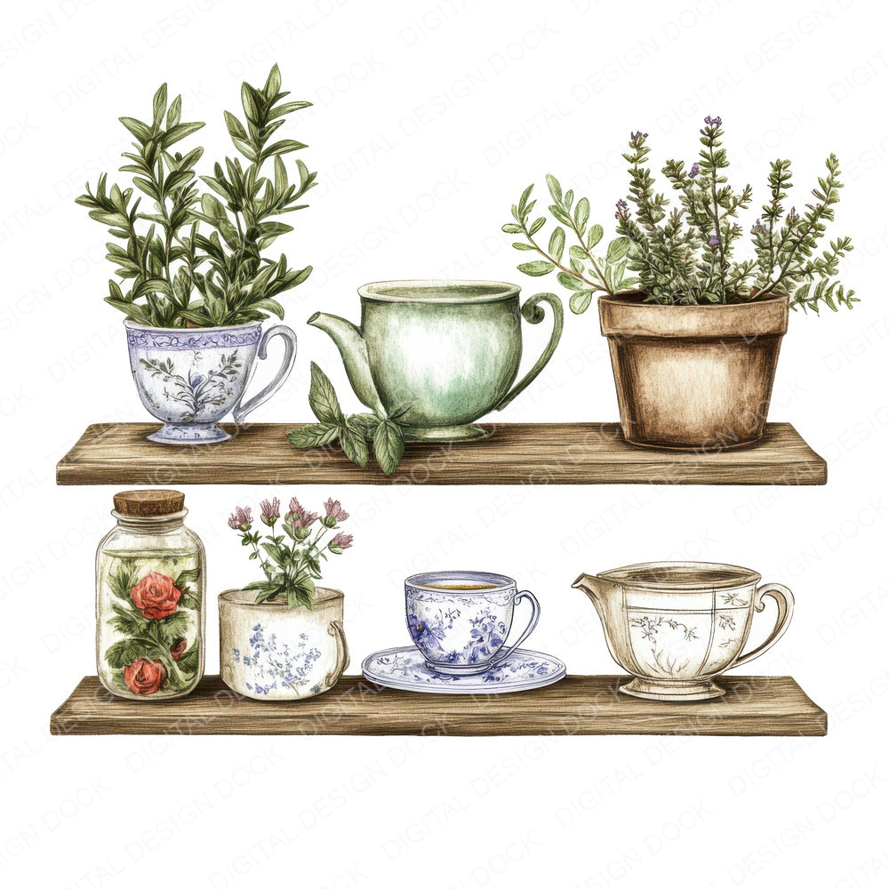 Herb and Teacup Shelf fussy cut sheet in US Letter format showing all 12 designs on one printable page