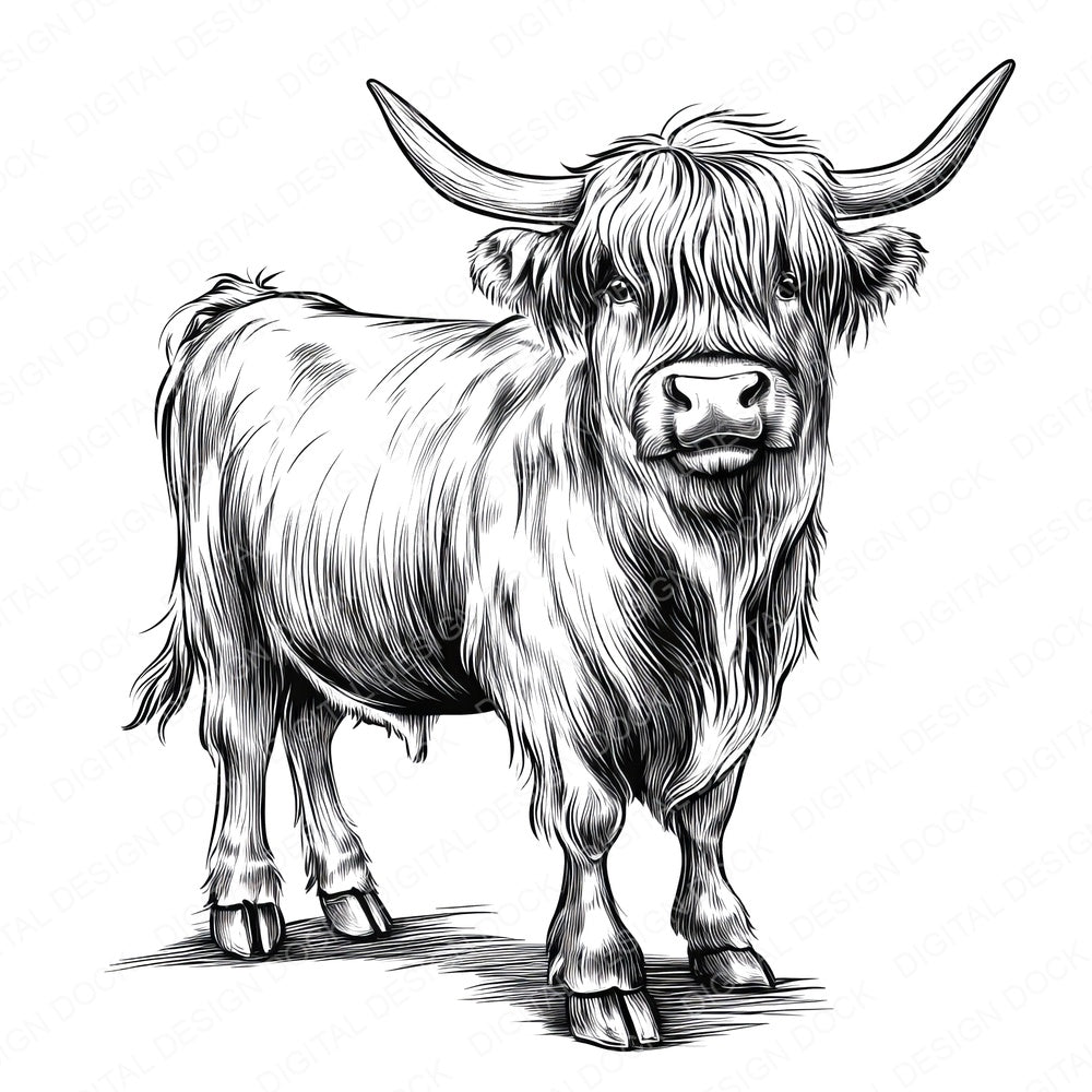 Highland Cow Sketch fussy cut sheet in A4 format showing all 12 designs on one printable page