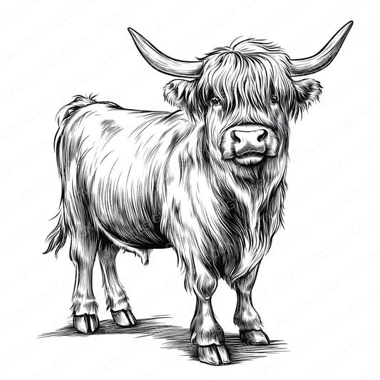 Highland Cow Sketch fussy cut sheet in A4 format showing all 12 designs on one printable page