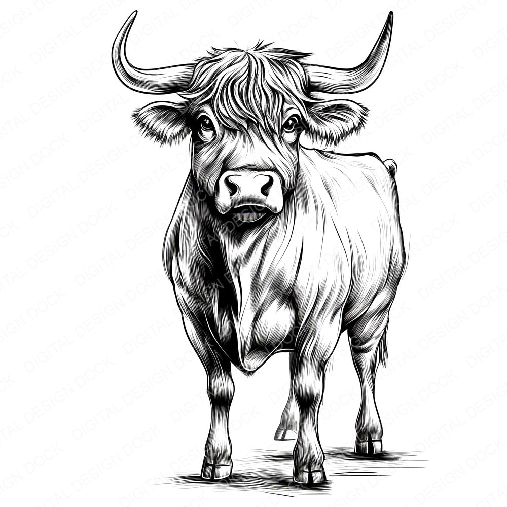 Highland Cow Sketch fussy cut sheet in US Letter format showing all 12 designs on one printable page