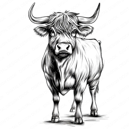 Highland Cow Sketch fussy cut sheet in US Letter format showing all 12 designs on one printable page
