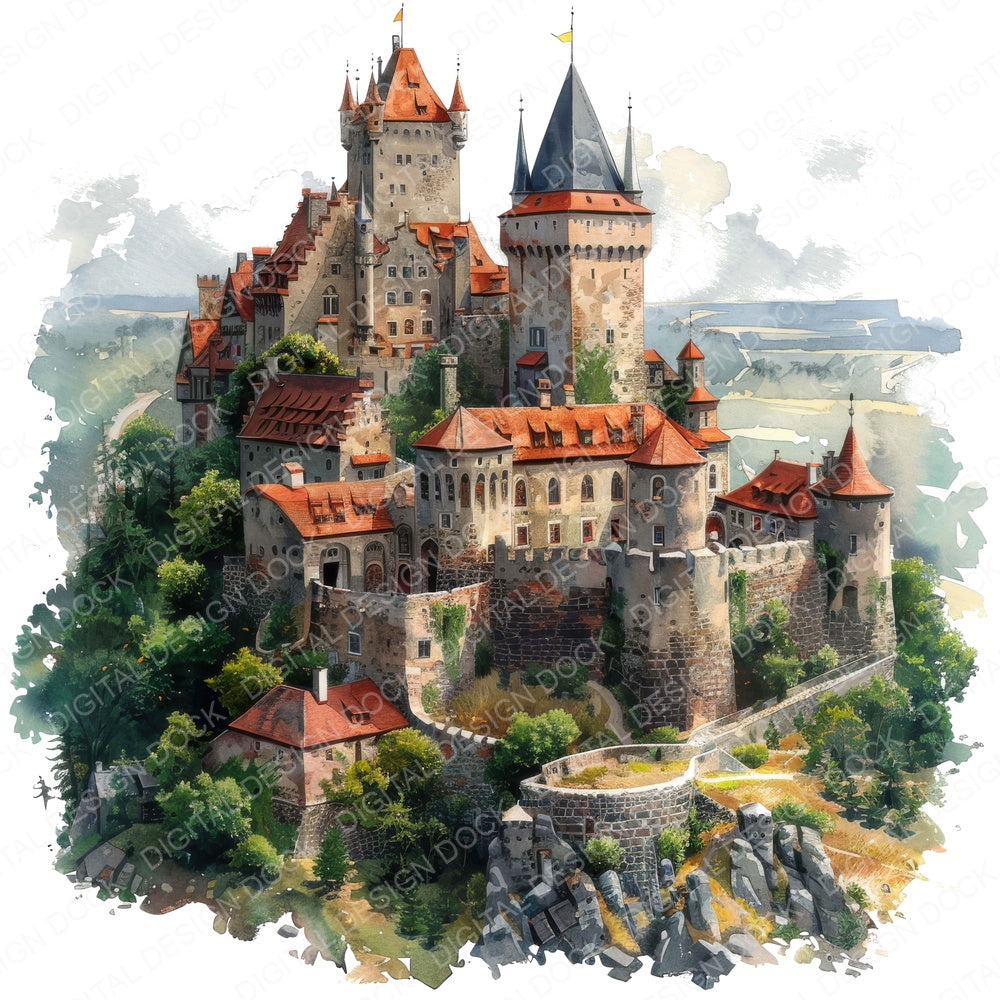 Historic Castle Hillside Germany fussy cut sheet in A4 format showing all 12 designs on one printable page