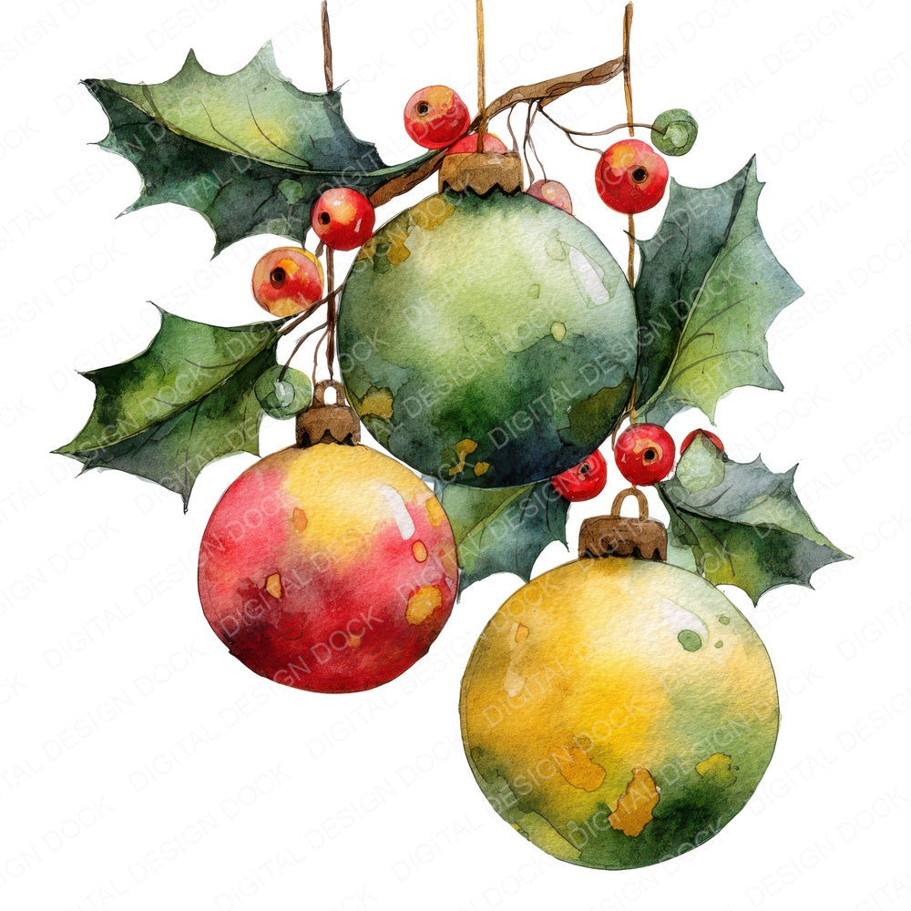 Holly Branch Baubles fussy cut sheet in A4 format showing all 12 designs on one printable page