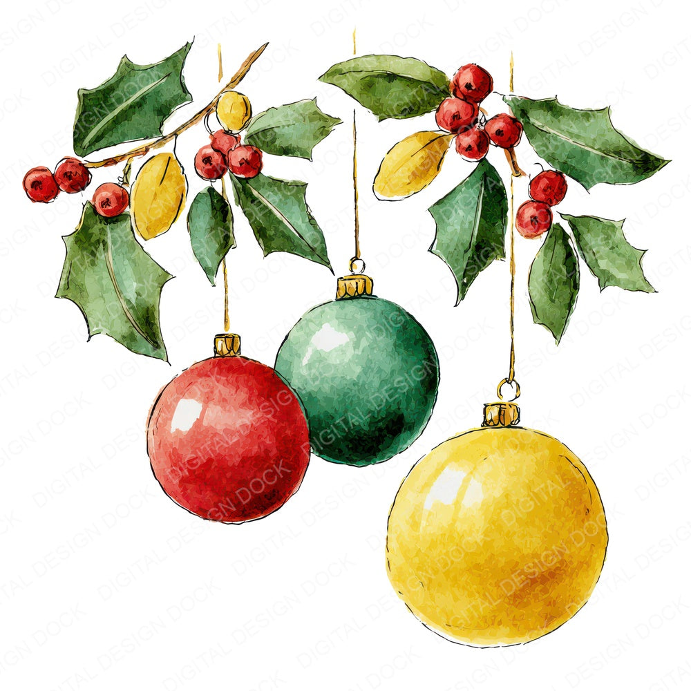 Holly Branch Baubles fussy cut sheet in US Letter format showing all 12 designs on one printable page