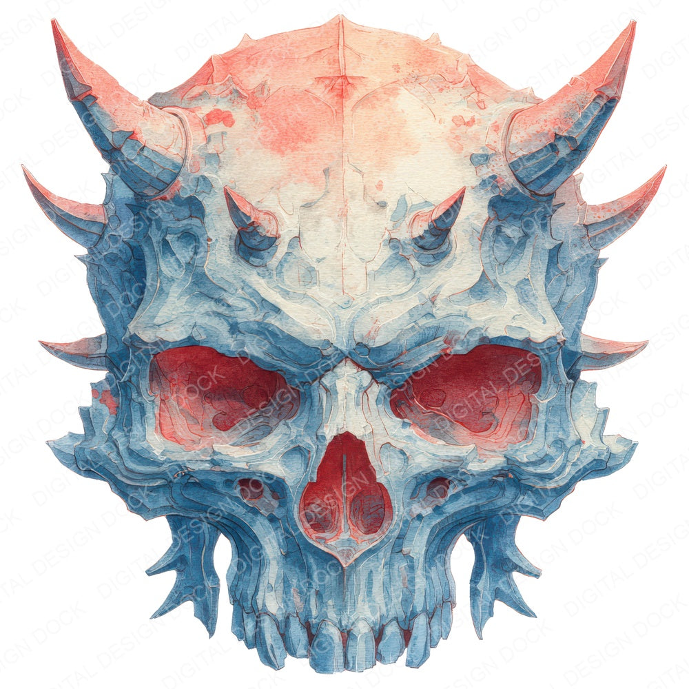 Horned Demonic Skull fussy cut sheet in A4 format showing all 12 designs on one printable page