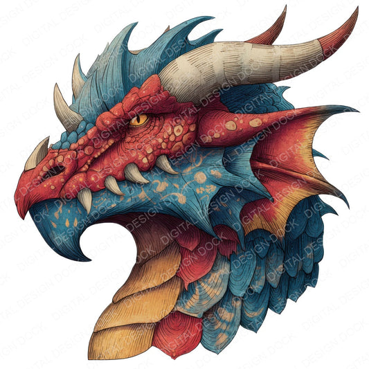 Illustrated Dragon Portrait fussy cut sheet in A4 format showing all 12 designs on one printable page
