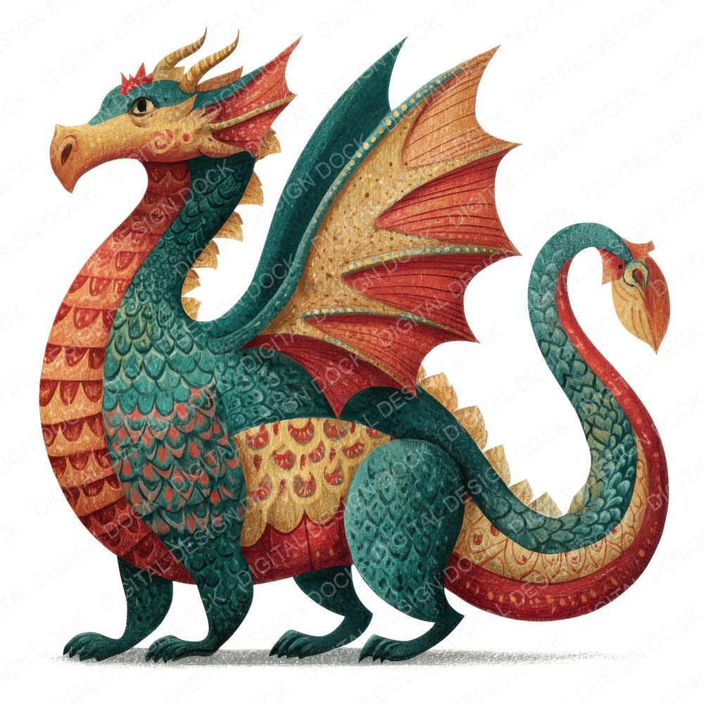 Illustrated Medieval Dragon fussy cut sheet in US Letter format showing all 12 designs on one printable page