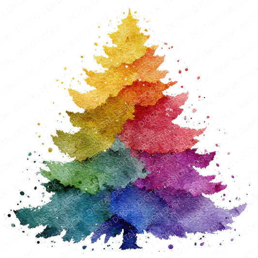 Impressionist Rainbow Christmas Tree fussy cut sheet in US Letter format showing all 12 designs on one printable page