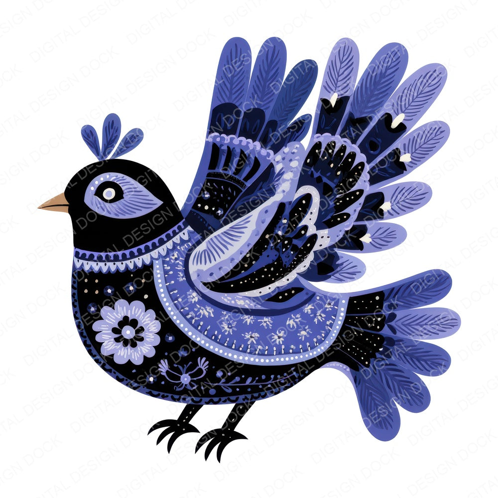 Indigo Folk Art Bird fussy cut sheet in A4 format showing all 12 designs on one printable page