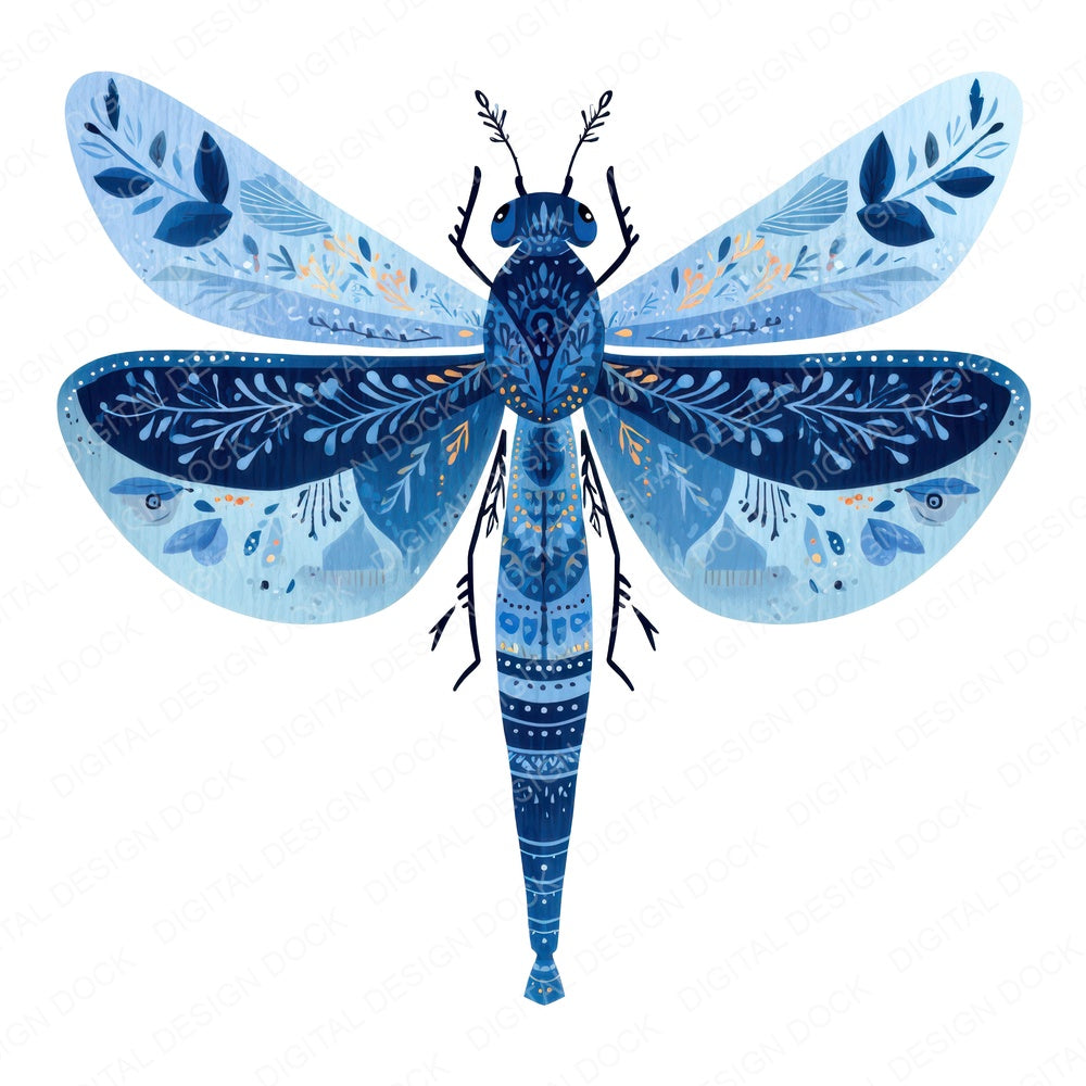 Indigo Folk Art Dragonfly fussy cut sheet in A4 format showing all 12 designs on one printable page