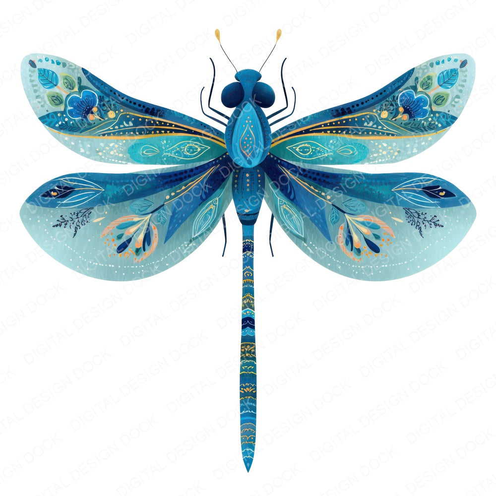 Indigo Folk Art Dragonfly fussy cut sheet in US Letter format showing all 12 designs on one printable page