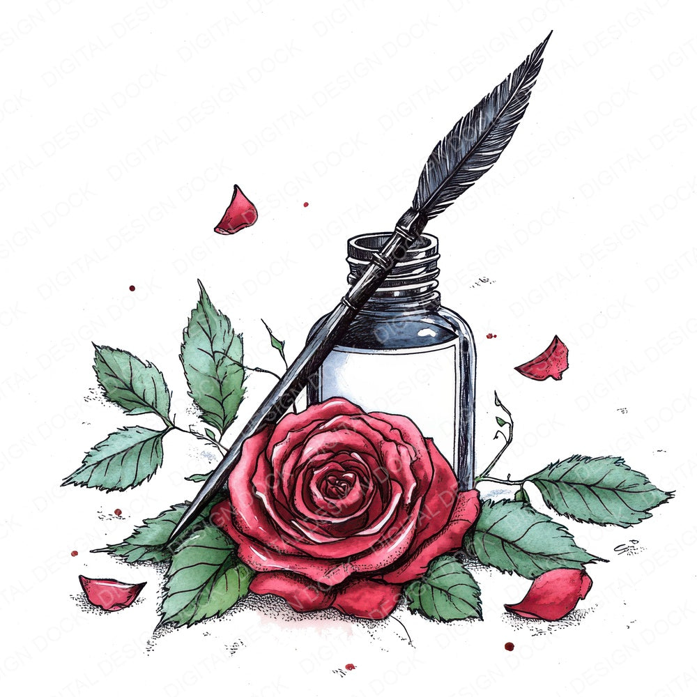 Ink Bottle with Roses and Quill fussy cut sheet in A4 format showing all 12 designs on one printable page