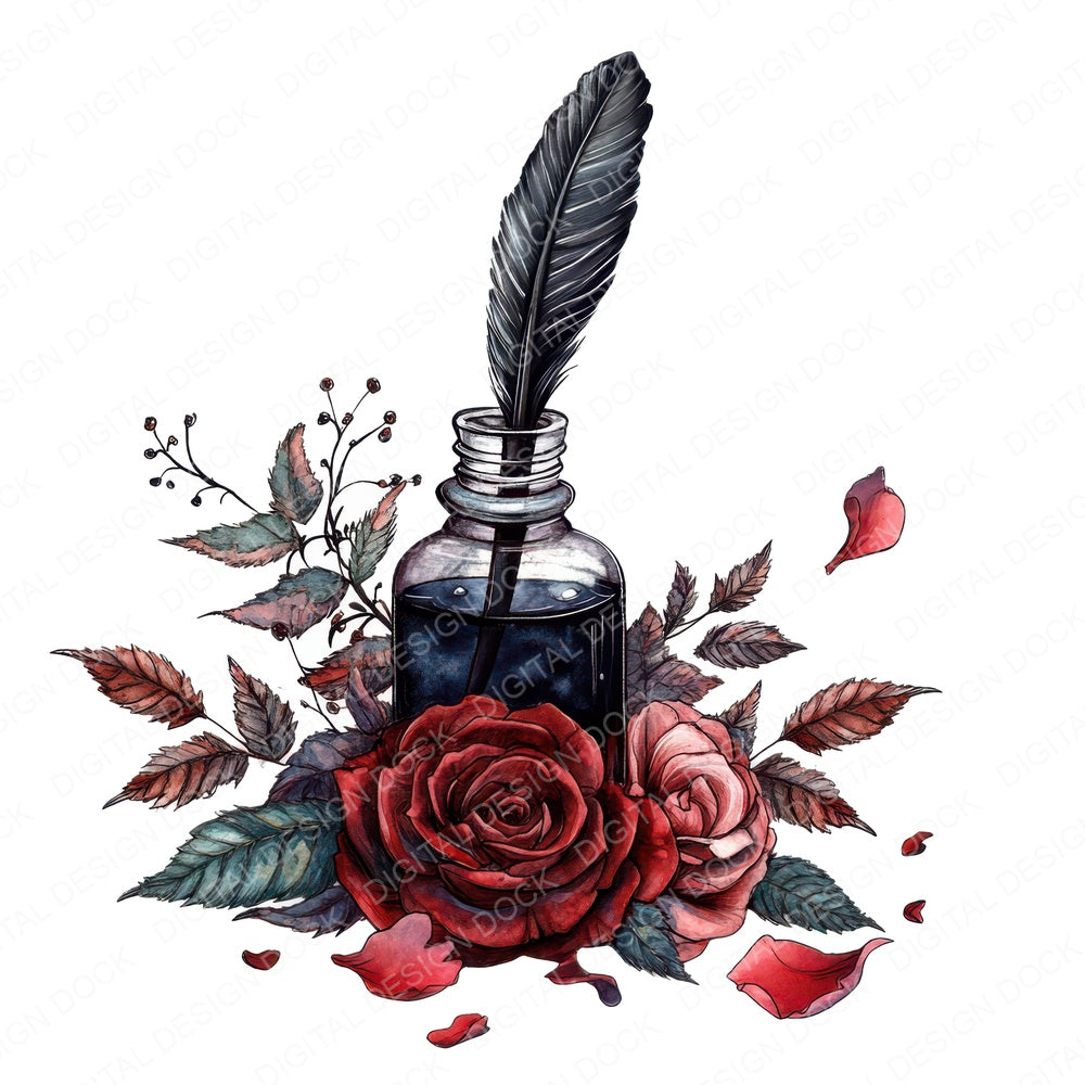 Ink Bottle with Roses and Quill fussy cut sheet in US Letter format showing all 12 designs on one printable page