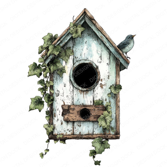 Ivy Covered Birdhouse fussy cut sheet in US Letter format showing all 12 designs on one printable page