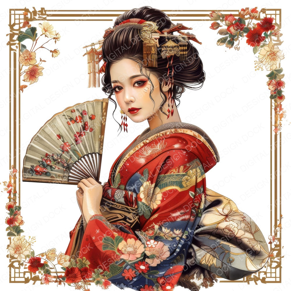 Japanese Geisha Fan fussy cut sheet in A4 format showing all 12 designs on one printable page