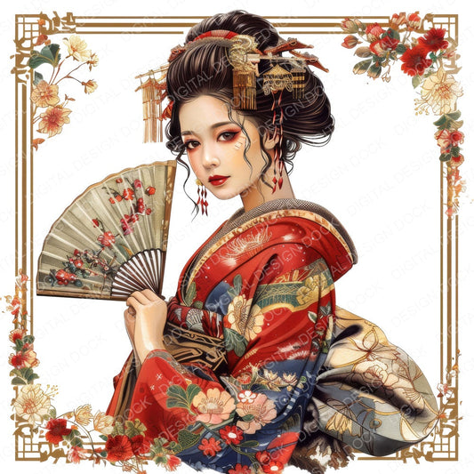 Japanese Geisha Fan fussy cut sheet in A4 format showing all 12 designs on one printable page