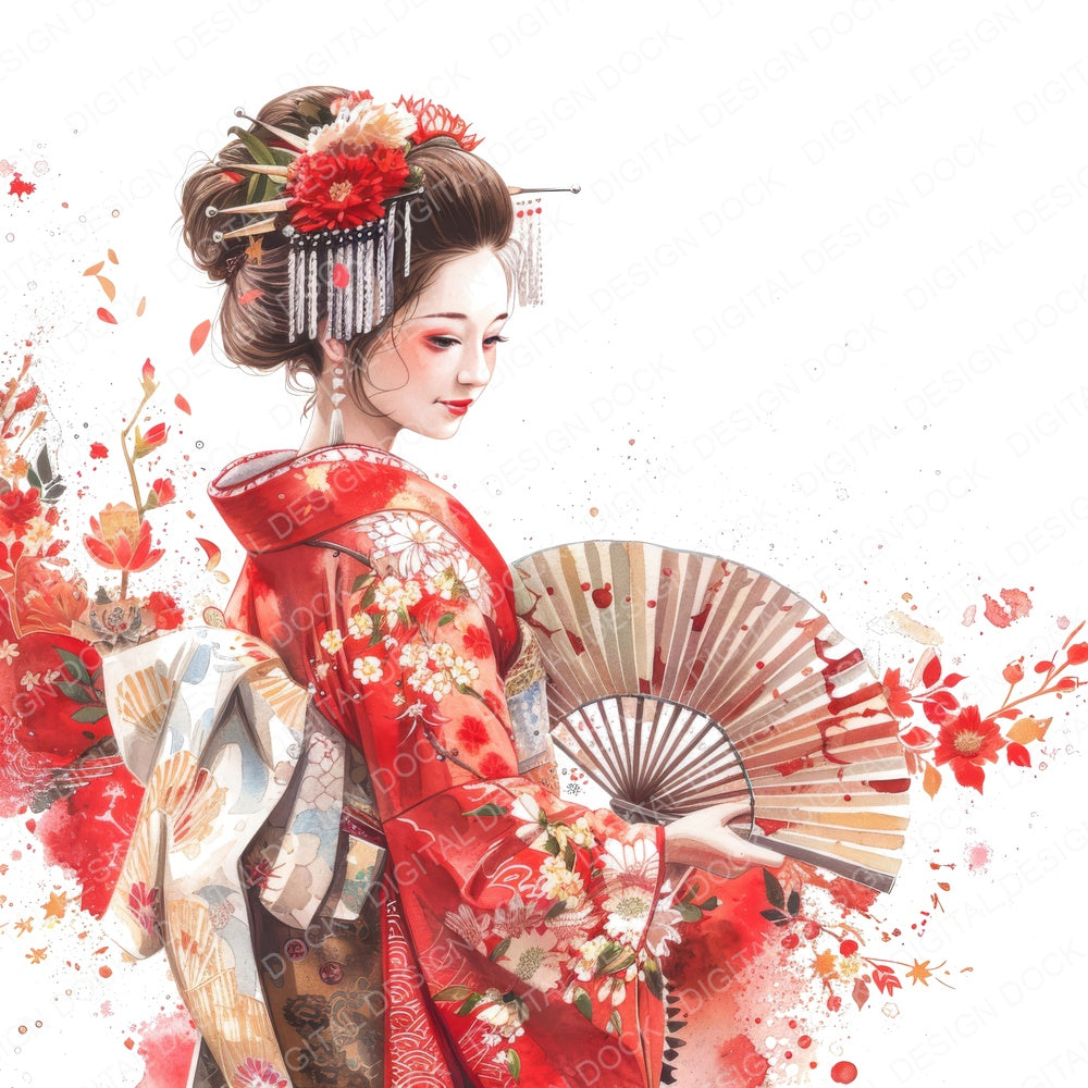 Japanese Geisha Fan fussy cut sheet in US Letter format showing all 12 designs on one printable page