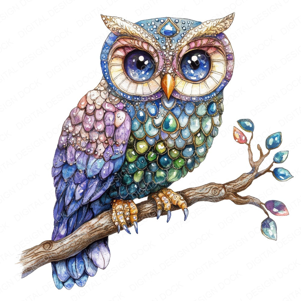 Jeweled Owl fussy cut sheet in US Letter format showing all 12 designs on one printable page