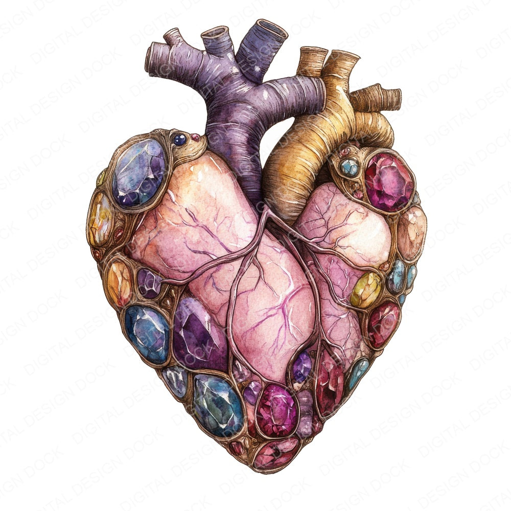 Jewelled Human Heart fussy cut sheet in US Letter format showing all 12 designs on one printable page