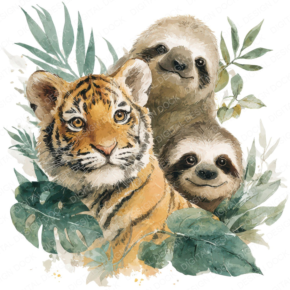Jungle Animals Friends fussy cut sheet in US Letter format showing all 12 designs on one printable page