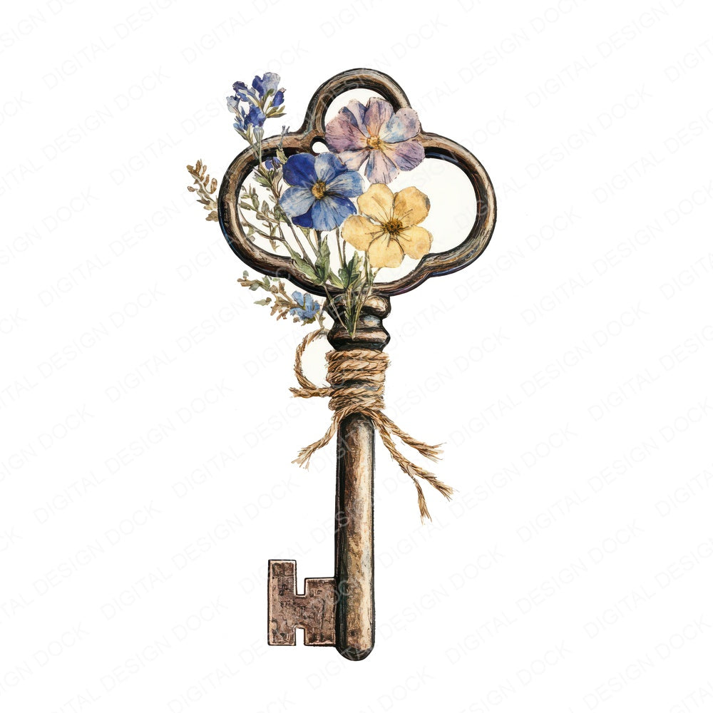 Key with Pressed Flower fussy cut sheet in A4 format showing all 12 designs on one printable page