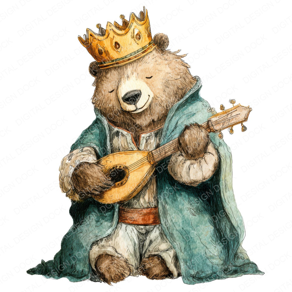King Bear Playing Lute fussy cut sheet in A4 format showing all 12 designs on one printable page