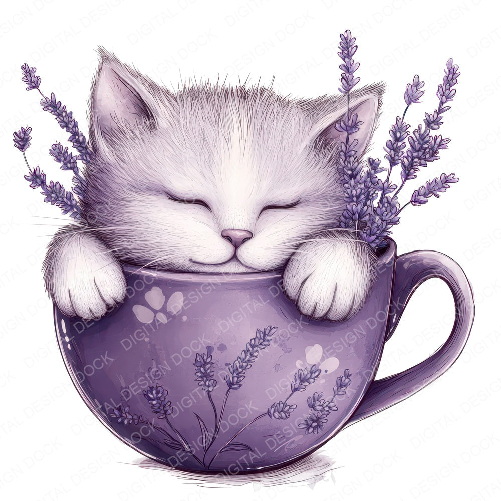 Kitten in Lavender Teacup fussy cut sheet in A4 format showing all 12 designs on one printable page