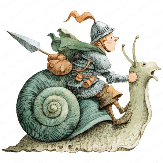 Knight Riding Snail fussy cut sheet in A4 format showing all 12 designs on one printable page