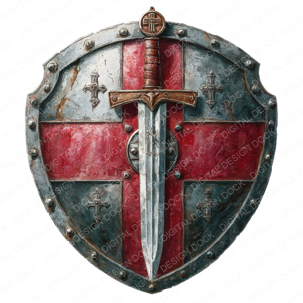 Knight Sword Shield fussy cut sheet in US Letter format showing all 12 designs on one printable page