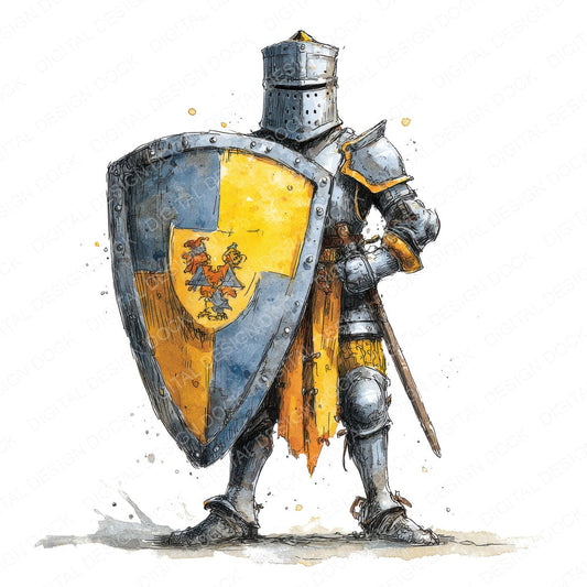 Knight With Shield fussy cut sheet in A4 format showing all 12 designs on one printable page
