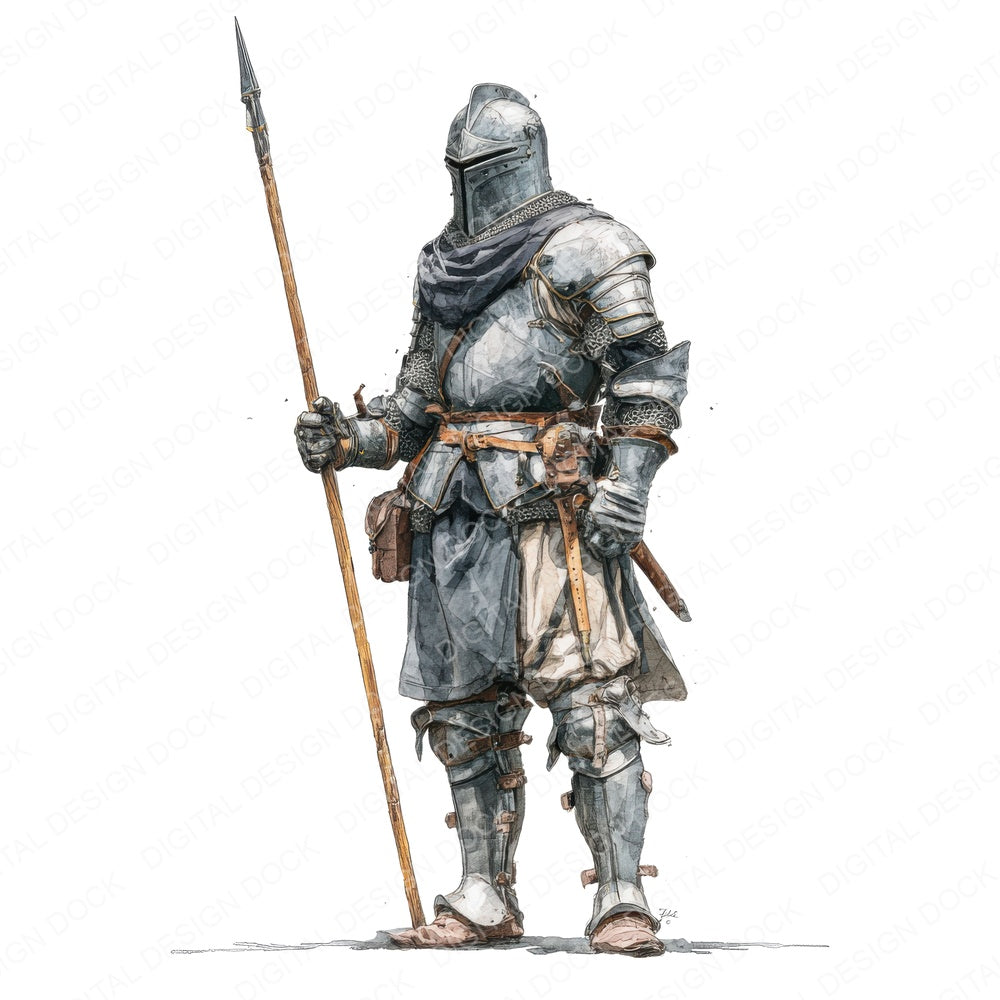 Knight With Spear fussy cut sheet in A4 format showing all 12 designs on one printable page