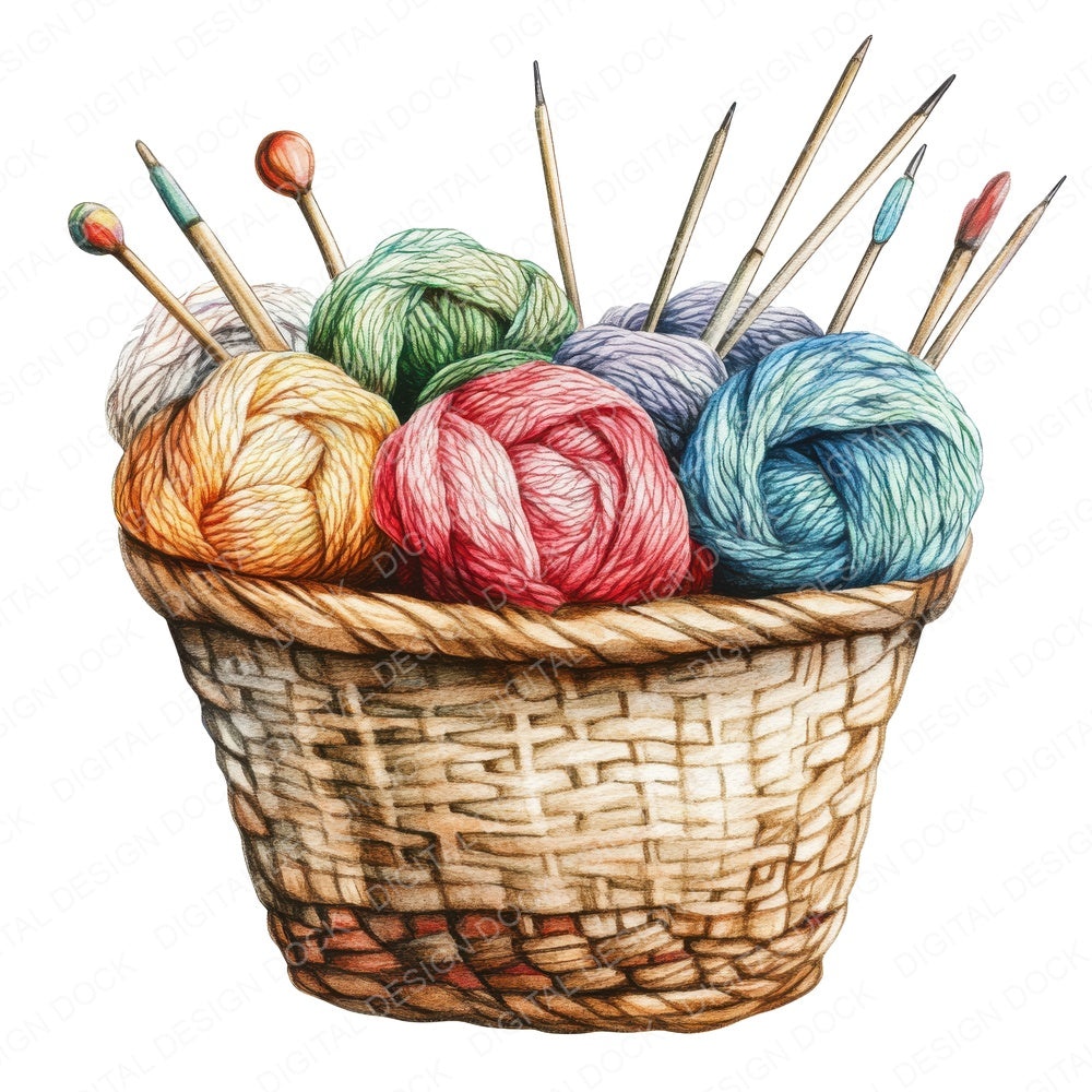 Knitting Basket with Yarn fussy cut sheet in A4 format showing all 12 designs on one printable page