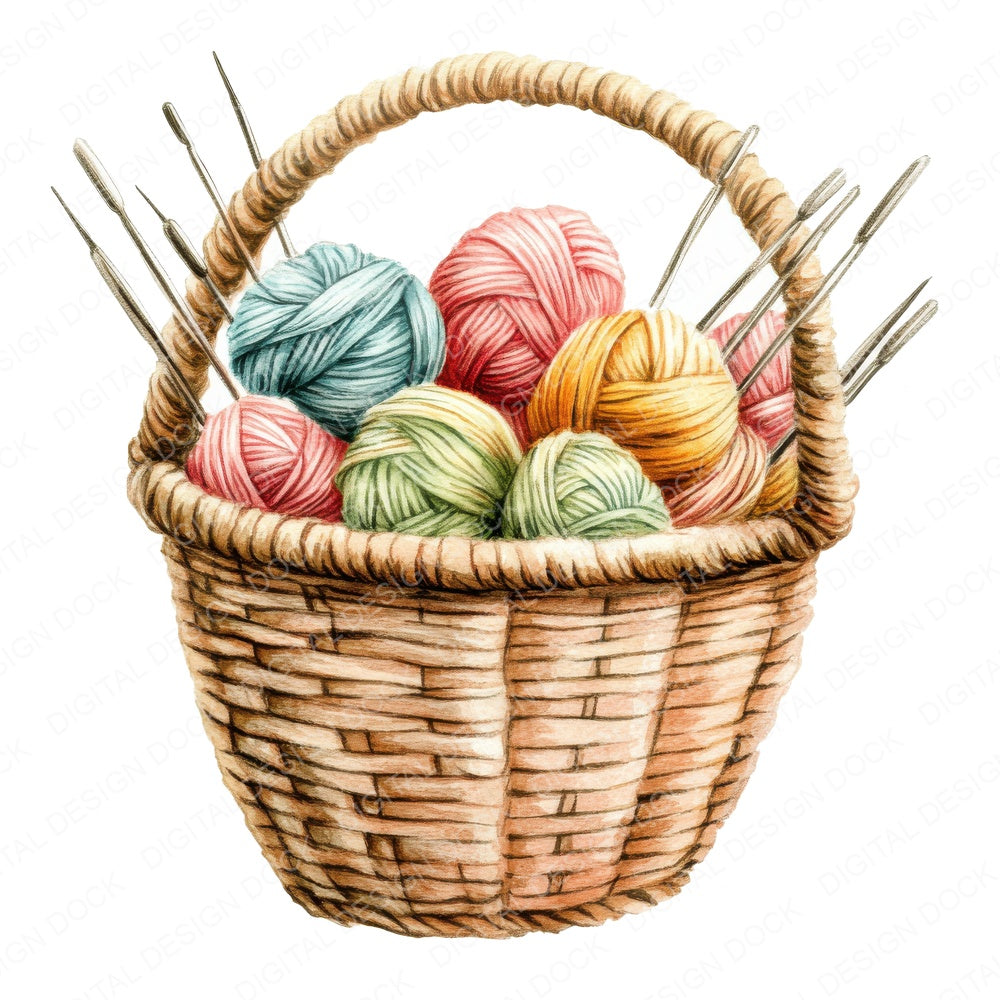 Knitting Basket with Yarn fussy cut sheet in US Letter format showing all 12 designs on one printable page